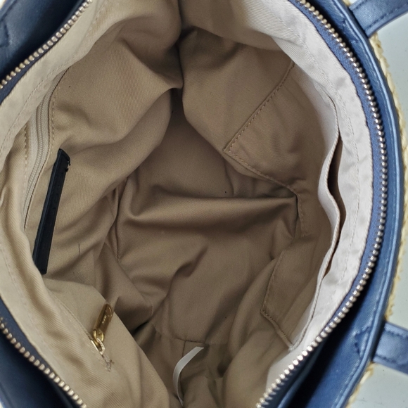 Talbots Paper Straw Bag with Leather Straps and Pom Poms Top Zip Beach Coastal - Picture 8 of 16